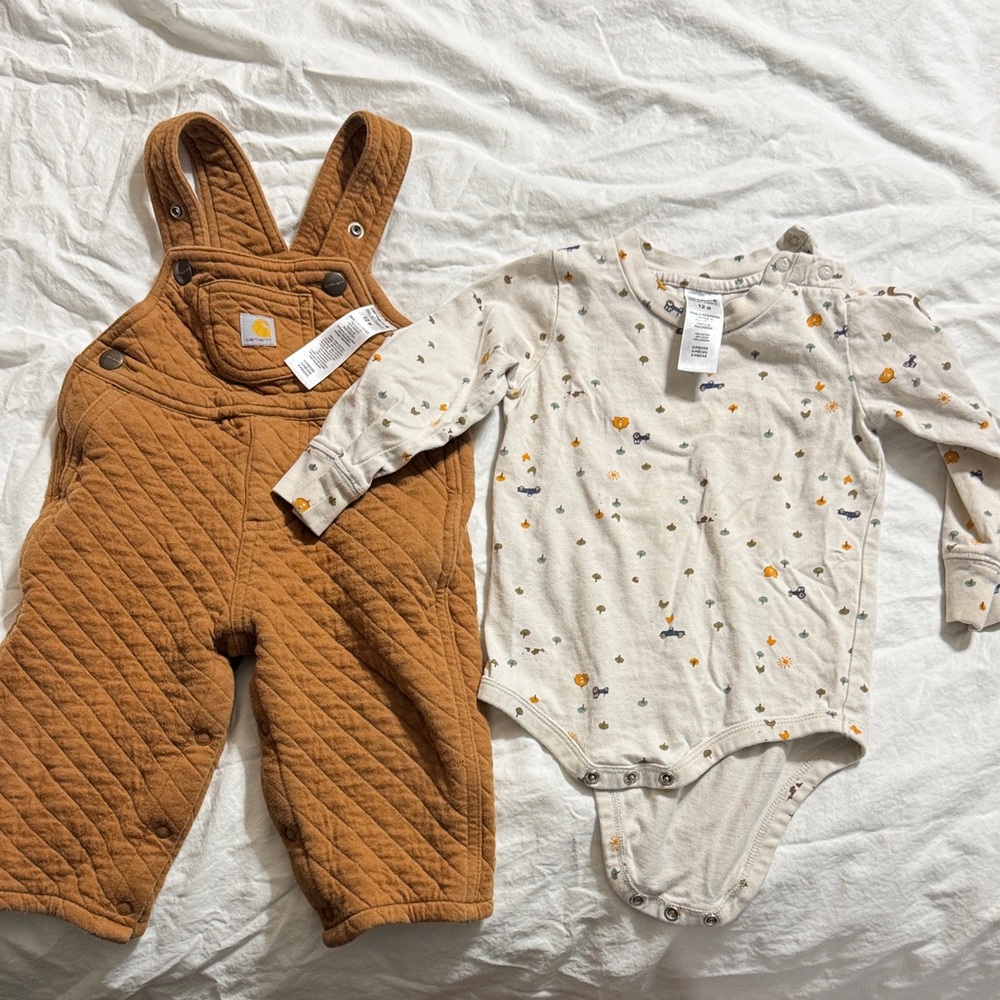 Carhartt Brown Quilted Overalls and Patterned Onesie Set